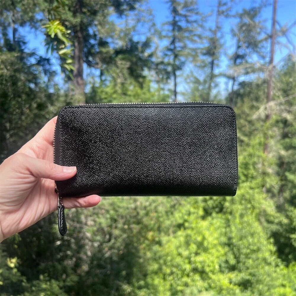 COACH Black Crossgrain Leather Zip-Around Wallet Silver Hardware AUTHENTIC